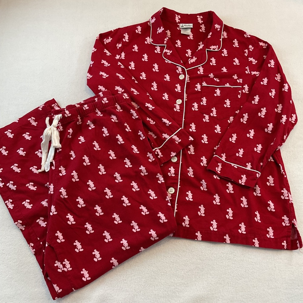 Disney Parks Mickey Mouse Red Pink Cotton Pajama Set Women 1X Long Sleeve PJs